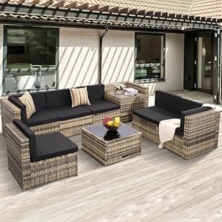 KROFEM 8-Piece Patio Furniture Set, Outdoor Wicker Rattan Sectional with Thick Cushions, Glass Top Table with Hidden Storage, Outdoor Conversation Set for Backyard, Porch, Patio, Black