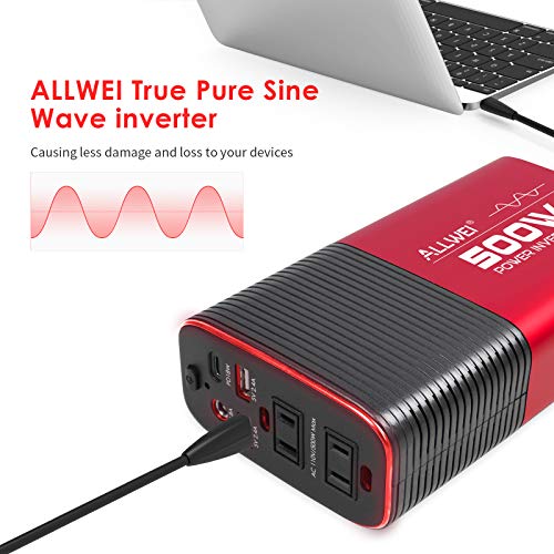 500W Pure Sine Wave Power Inverter DC 12V to AC 110V Car Inverter Power Adapter Converter with Type C PD18W/12V DC Output/4.8A Dual USB Charging Ports and 2 AC Outlets Car Charger