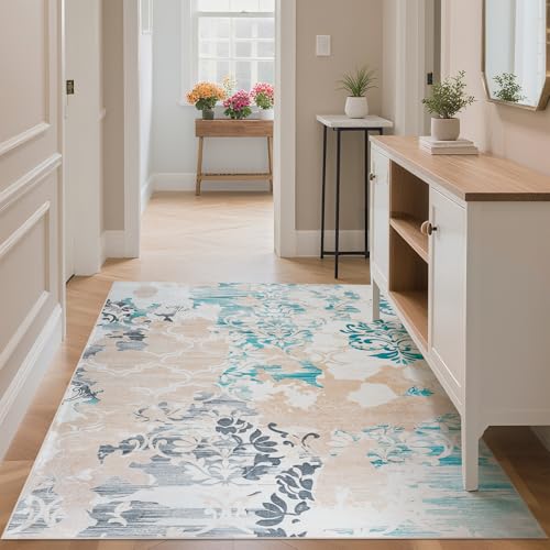 CRYPTOLITE Abstrakter Teppich, waschbar, mit Rutschfester Unterseite, niedriger Flor, für Wohnzimmer, Schlafzimmer, Esszimmer, 10 x 15 cm, Blau