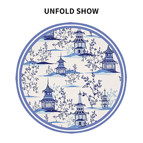 Blue Chinoiserie Temple Tablecloth Round Oriental Style Chinese Blue Willow Table Cloth Cover Mat Washable Polyester 60 Inch Dining Decorative For Holiday Home Party Wedding Picnic #TOP2
