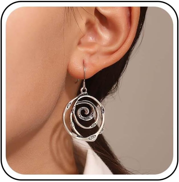 Boho Spiral Earrings Circle Hoop Drop Earrings Silver Circles Tribal Dangle Earrings Statement Hoop Earrings Geometric Round Swirl Earrings