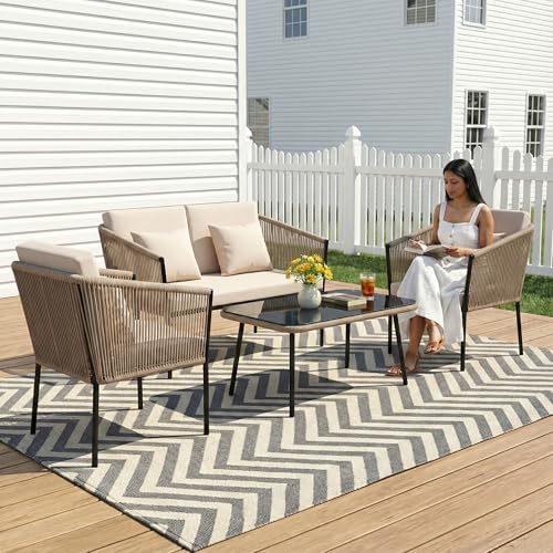 Image of OUTLIVING Braid & Rope 4 Seater Garden Patio Seating Chair and Table Set Outdoor Balcony Garden Coffee Table Set Furniture with 1 Table and 4 Chairs Set with Cushion (Beige)