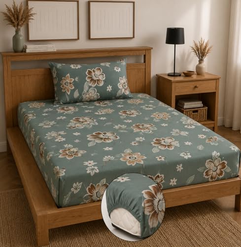 Image of 245 TC Glace-Cotton All Around Elastic Fitted Bedsheet, Elastic Fitted Bedsheet Single Size Bedsheet for Single Bed with 1 Pillow Cover, Size - 72 x 36 x 8 Inch Color