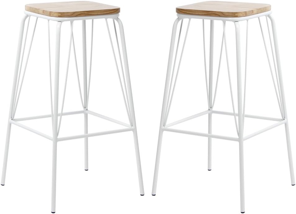 Metal Chair Counter Dining Barstool with Elm Seat Pan, Set of 2, White