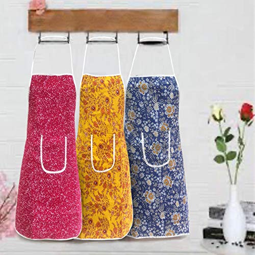 Image of SARAF Waterproof Cotton Kitchen Apron with Front Pocket (Exact Same Pieces) Set of 3 (Free Reusable Washable mask with Every Set)