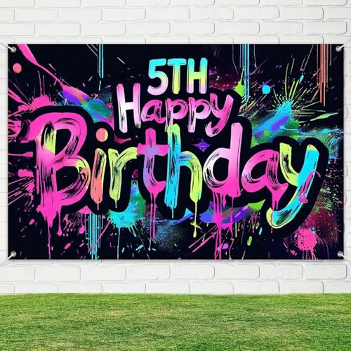 Image of HOMETITUTE Neon 5th Happy Birthday Banner 71x43 Inch Paint Splatter Glow in The Dark Party Backdrop Colorful Wall Decor for Kids Boys Girls Fifth Birthday Celebrations Booth Props and Event Supplies