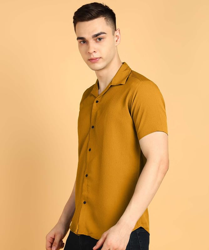 Image of COMBRAIDED Men's Solid Cotton Blend Half Sleeve Shirt - Regular Fit Casual Button-Down Shirt for Office & Travel - Summer & Spring
