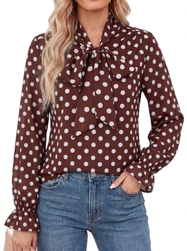 Image of GRACE KARIN Women's Chiffon Long Sleeve Tops Tie Neck Floral Print Smart Blouses Shirt Casual Going Out Top for Autumn Winter Layering Coffee Polka Dots L