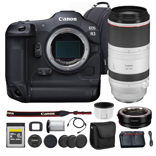 Image of Canon EOS R3 Mirrorless Camera | 24MP Full Frame Sensor 6K RAW Recording | High Speed Autofocus Pro Action and Sports Camera (4895C002) + Canon RF 100-500mm Lens + 240GB Card + Adapter EF-EOS R