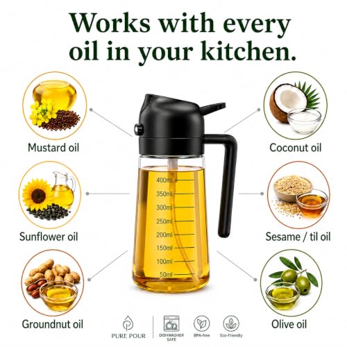 Image of Glass Oil Dispenser Bottle for Kitchen - 2 in 1 Pour & Spray Sprayer with Measuring Marking, Leakproof Container, 500ml /0.5 Liter Cooking Oil Storage Jar, Pack of 1