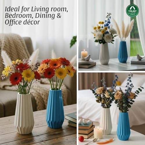 Image of TrustBasket Serene Flower Vase Blue & White Set of 2, Modern Decorative Table Accent for Living Room, Bedroom & Dining Table, Durable Plastic Floral Display for Home & Office Decor