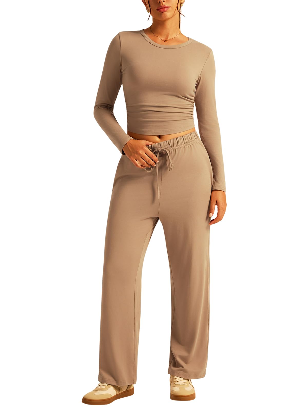 EFOGEP Women's 2 Piece Lounge Set Long Sleeve Ruched Top Wide Leg Pants Matching Casual Athletic Travel Airport Outfit