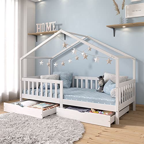 IDIMEX Lit cabane ELEA lit Enfant Simple Montessori 90 x 200 cm, avec 2 tiroirs de Rangement, en pin Massif lasuré Blanc