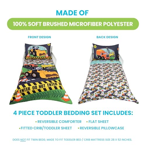 Image of Todays Kids Under Construction Toddler Bedding Set for Boys - 4-Piece Toddler Bed Comforter Sets for Boys, Reversible Comforter & Pillowcase, Flat Sheet, Fitted Sheet, Breathable & Soft Microfiber