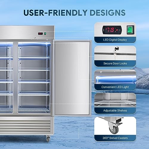 Wilprep Commercial Refrigerator, 54\" 2 Solid Door Commercial Fridge with 42 cu. ft. Cap, Reach in Side by Side Refrigerator with Air Cooling Adjustable Shelves for Restaurant Kitchen