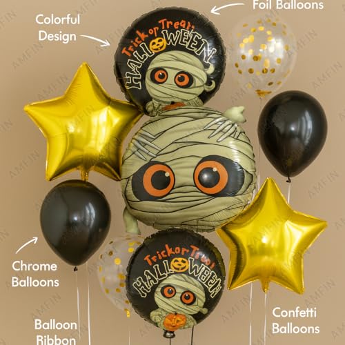 Image of AMFIN (Pack of 11) Halloween Balloon Decoration Set - Mummy Foil Balloon, 2 inchTrick or Treat Halloween inch Round Balloons & 2 Gold Star Balloons - Spooky Party Supplies for Kids & Adults
