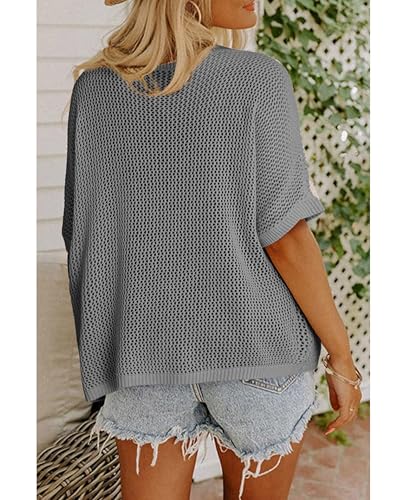 Image of SELINK Flower Crochet Tops for Women Short Sleeve Hollow Out Sweaters Swimsuit Cover Ups Lightweight Knit Pullover