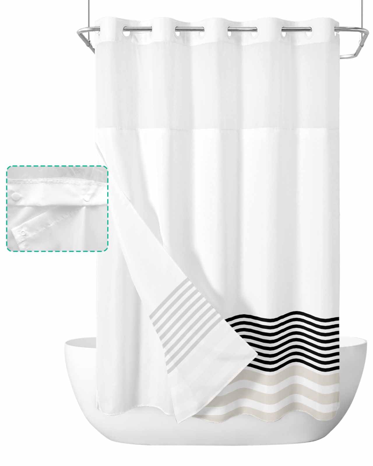 Aikku No Hook Shower Curtain & Snap-in Liner Set - Black Chevron Striped Waterproof Fabric