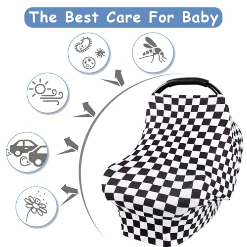 Image of TANOFAR Car Seat Cover for Baby, Multi-Use Cover Carseat Canopy, High Stretchy & Breathable Infant Carseat Cover, Shower Gifts for Unisex Boys and Girls (Black Checkered)