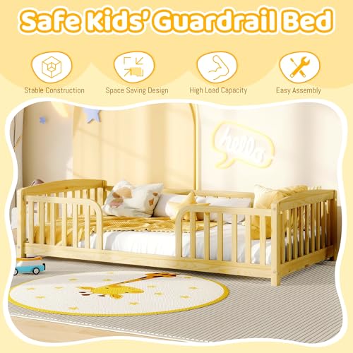 Image of Bellemave Twin Size Montessori Floor Bed Frame with High Fence, Solid Wood Kids Floor Bed with Central Entrance, Low Profile Bed for Boys & Girls, Rounded Corner Design,Natural