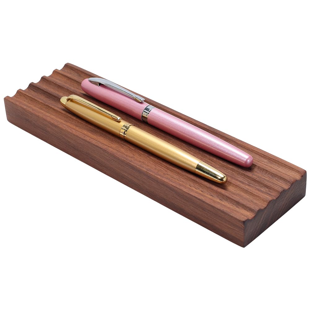 PH PandaHall Wooden Pen Tray 5 Groove Pens Holder 20x6x1.95cm Wave Pen Display Stand Rectangle Brown Desk Organizer Fountain Pens Holder for Home Office School Stationary Storage Supplies