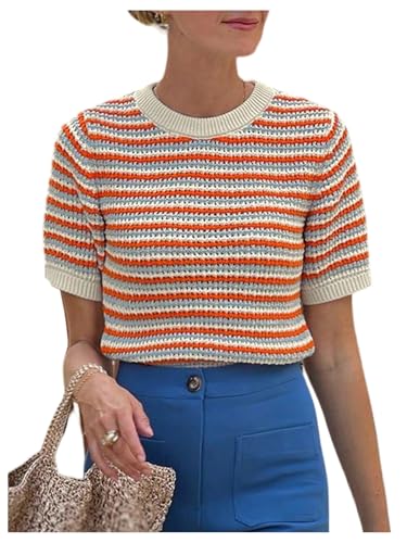 GORGLITTER Women's Short Sleeve Crochet Sweaters Lightweight Striped Colorful Going Out Fall Pullover Top