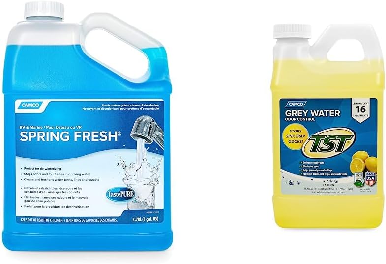 Camco TastePURE Spring Fresh Water System Cleaner and Deodorizer for RV and Marine | Cleans and Freshens Water Lines & TST Lemon Scent RV Grey Water Odor Control, Stops Sink Trap Odors
