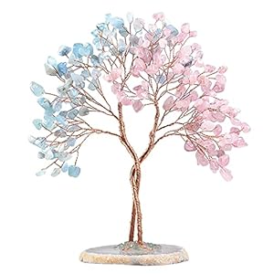 17cm Filigraner Geldbaum Rosenquarz + Aquamarin, Partner Feng Shui Glück | Edelstein-Baum