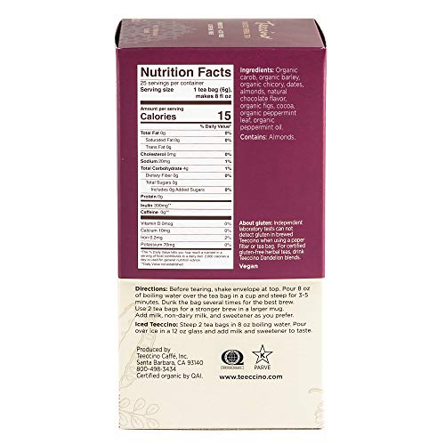 Teeccino Chocolate Mint Herbal Tea - Enjoy Hot Or Iced Tea With Cooling Peppermint, Cocoa & Chicory, Prebiotic, Caffeine Free, Acid Free, 25 Tea Bags #TOP1