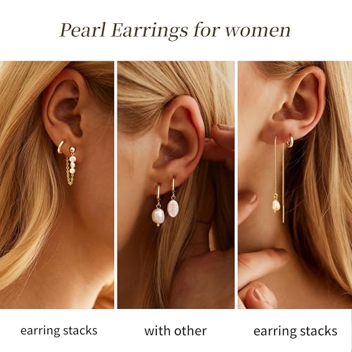 Moodear Gold Earrings for Women, Pearl Hoop Dangle Earring Stack Jewelry