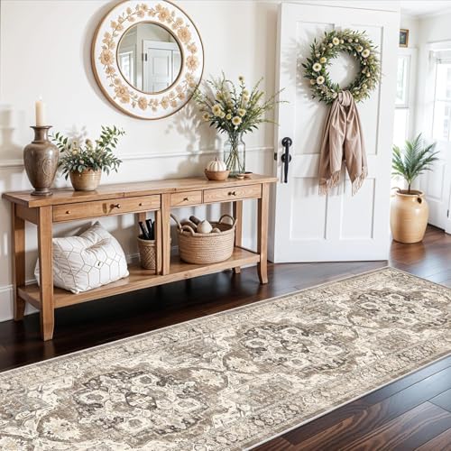 3x12 Washable Hallway Runner Rug: Soft Kitchen Rug Non Slip Rug Runner with Rubber Backing for Living Room Bedroom Bathroom Non Shedding Farmhouse Carpet Runner Rug (Beige, 3X12)