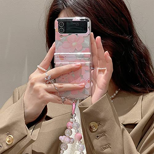 Coque Samsung Galaxy Z Flip 4 avec bracelet pendentif perles et motif fleurs laser dégradé