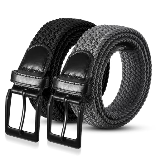 ViEinkaufen 2 pieces Belts Men Elastic Braided Stretch Belt Unisex Mens Women Belt Woven Trouser Belts for Jeans Shorts Trousers Casual Work 105cm/41.33inch Black Grey