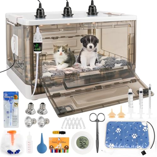 HKDQ Puppy Incubator with Heating - 2026 New Puppy Incubators Temperature Control & Quiet Ventilation Kitten Incubators Incubator for Puppies with 3Heat Lamp (23x17x14)