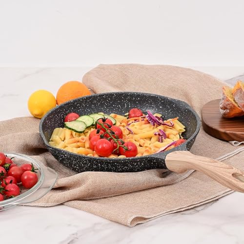 Image of Non-Stick Frying Pan with Wooden Finish Soft Touch Handle, 2.5mm Thickness, Consumes Less Oil, Even Heat Distribution, Induction Bottom and Gas Ready (Black, 24cm)