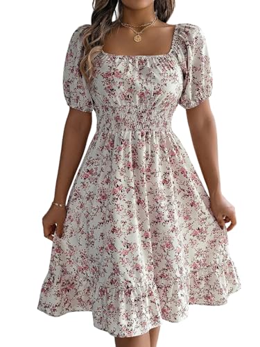 SweatyRocks Sommerkleid Damen Lang Elegant Kleider mit U-Ausschnitt Boho Blumenkleid Strandkleider mit Puffärmel Leicht A-Linie Knielang Kleid Weiß...