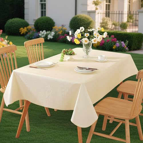 Runqiju Rectangle Tablecloth Waterproof Vinyl,Flannel Backed Plastic Table Cloth,Picnic,Party Table Cloth,Wipeable Tablecloths for Indoor and Outdoor Use.(Beige,52 x 70 in)