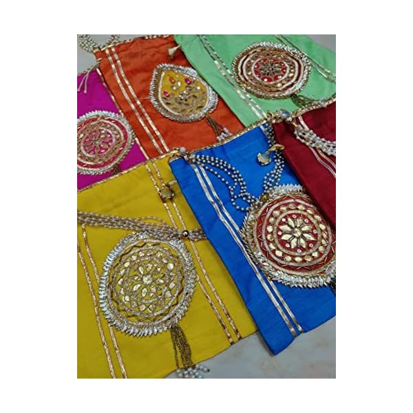 Gifting Bells Gotapatti Big Size Potlis with Chain Handle Potli Velvet with Gota Patti Potli Purse Women Handbag Handicrafts Handmade Decorative Pure Silk Jaipuri Resh Potlis - Image 5