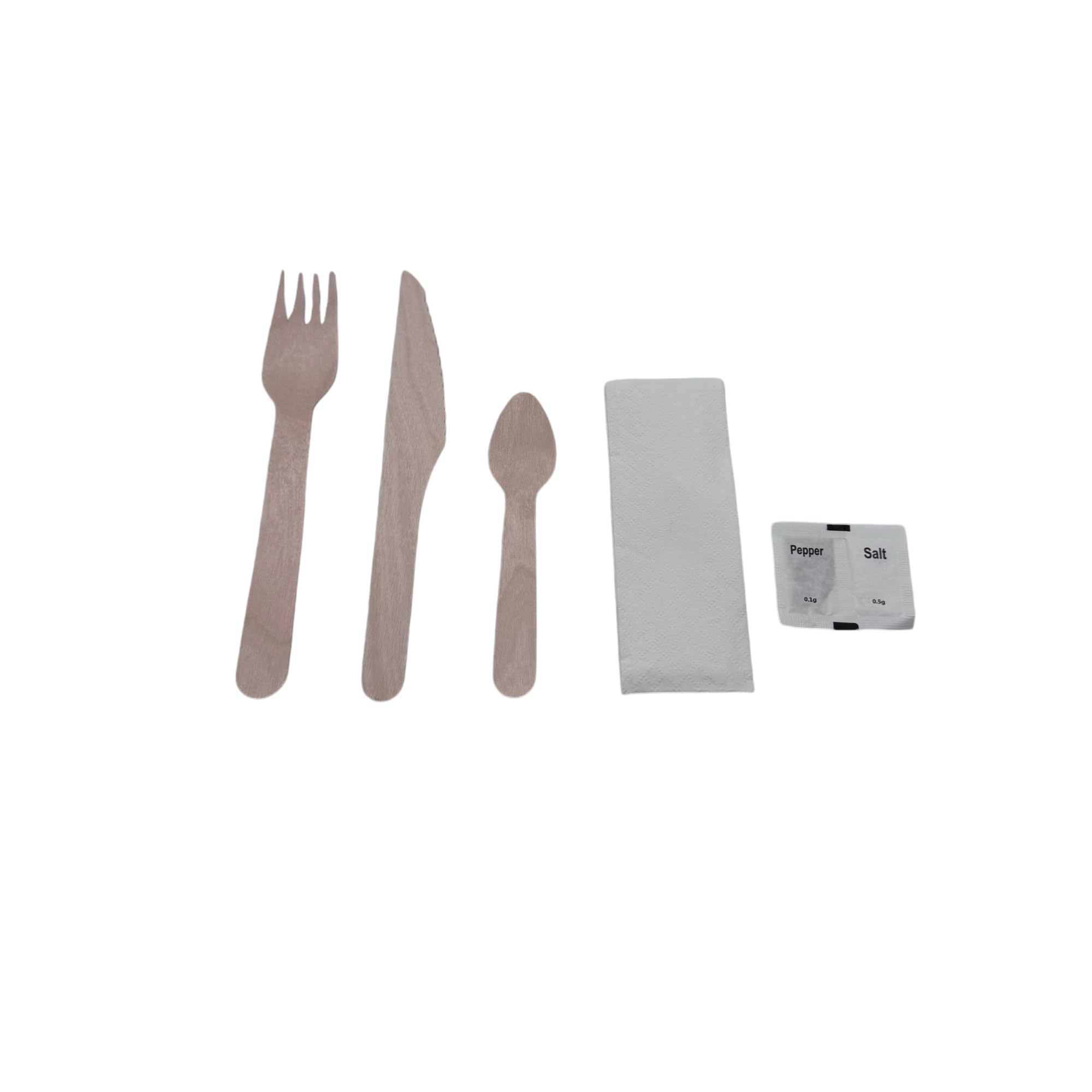 250 kits de couverts en bois 6 en 1 – Fourchette 16 cm + couteau 16 cm + cuillère à dessert + sel + poivre + serviette 1 pli