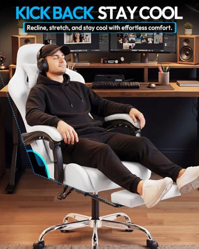 Image of Dowinx Ergonomic Gaming Chair with Footrest & Massage Lumbar, 2D-Linkage Armrests for Computer Chair 330lbs with Headrest Pillow for Office, Home, Streaming and Long Gaming Sessions, Fabric Pure White