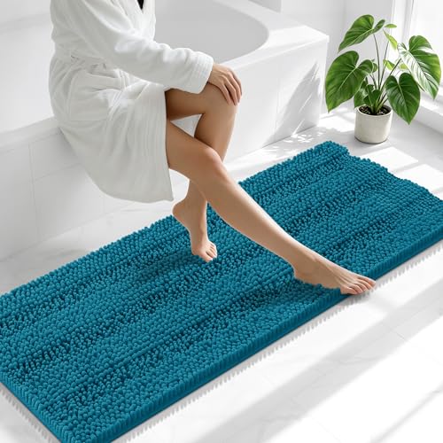 Image of Smiry Thick Chenille Bathroom Runner Rugs 59x20, Absorbent Striped Bath Mat, Machine Washable, Rubber Backing, Extra Long Bath Rugs for Tub & Shower, Modern Home Decor Accessories, Peacock Blue