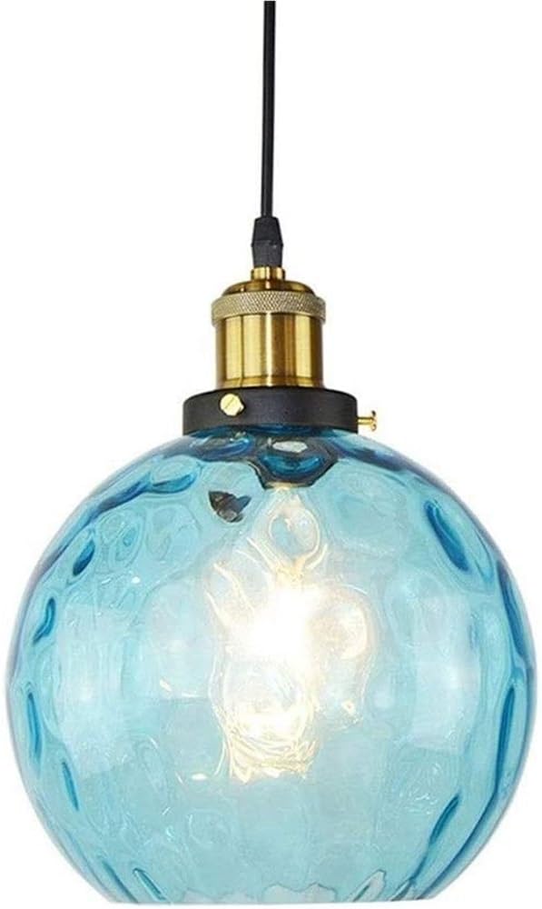BLOOHK Blue Water Ripple Glass Globe Pendant Light, Retro 1-Light Chandelier with E27 Base, Vintage Hanging Ceiling Lamp for Dining Room, Bedroom, Bar, Cafe