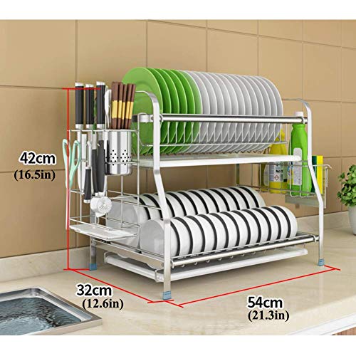 Edelstahl Geschirrkorb, 2 Tier Geschirrtrockner mit Besteckhalter und Schwammhalter Geschirrablage Regal Zähler Silber 42cm (17inch)