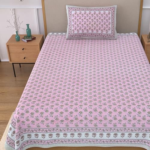 Image of 100% Cotton Single Bedsheet with 1 Pillow Cover | 240 TC Pure Cotton Flat Bed Sheet | Traditional Jaipuri Printed Bedding Set | Soft & Breathable | 60 x 90 Inch (Rangmahal Single 09)