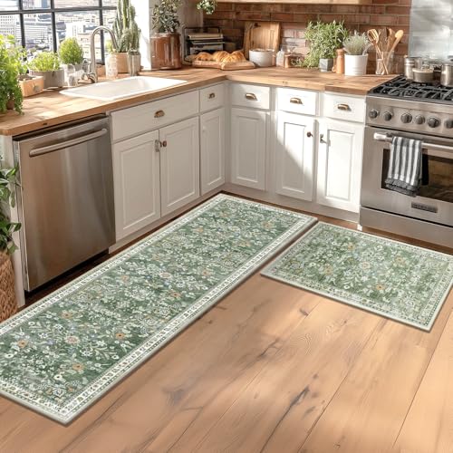 Tapete corredor floral lavable 2x3 verde miniatura 3