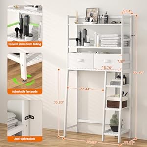 Homykic Over The Toilet Storage Shelf with 2 Fabric Drawers Bamboo Above Toilet Organizer Tower Rack with Toilet Paper Holder Stand Bathroom Space Saver Mass Storage No Rust White
