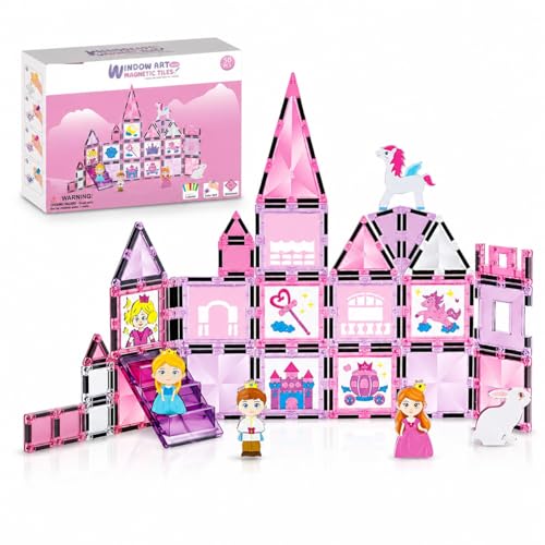Image of 50 PCS Magnetic Tiles Princess Castle Building Set for Kids | Window Art Magnetic Blocks with Figures & Unicorn | STEM Educational Construction Toy for Girls Boys Age 3+
