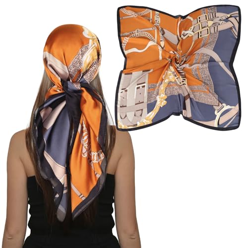 EXTREE Women's 35 inch Fashion Headscarf Silk Satin Scarf for Hair Wrapping at Night Bandana Square Scarf for Sleeping Pikouhua Orange