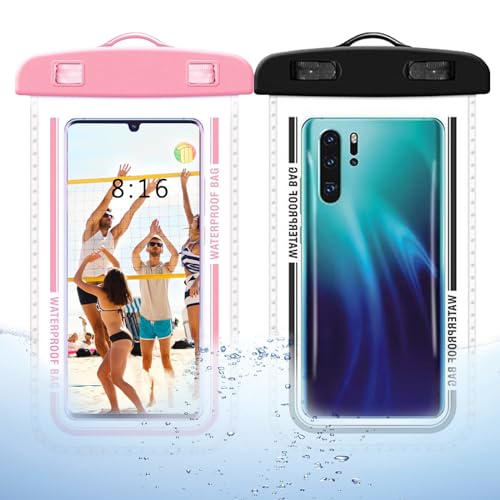 MEETTIKEY 2 PCS Funda Impermeable Móvil, Universal Bajo el Agua Funda Movil IPX8 Waterproof Phone Case para iPhone 15 14 13 12 11Pro MAX Huawei P50 P40 P30 Mate20 Mate10 (Negro+Rosa)