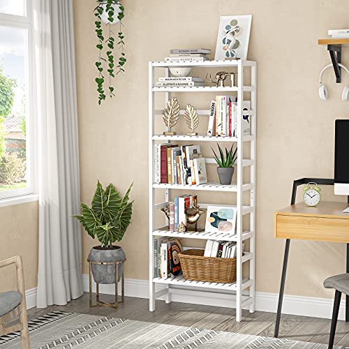 Homykic Bookshelf, 6-Tier Bamboo Adjustable 63.4” Tall Bookcase Book Shelf Organizer Free Standing Storage Shelving Unit For Living Room, Kitchen, Bedroom, Bathroom, Office, Rust Resistance, White #TOP1